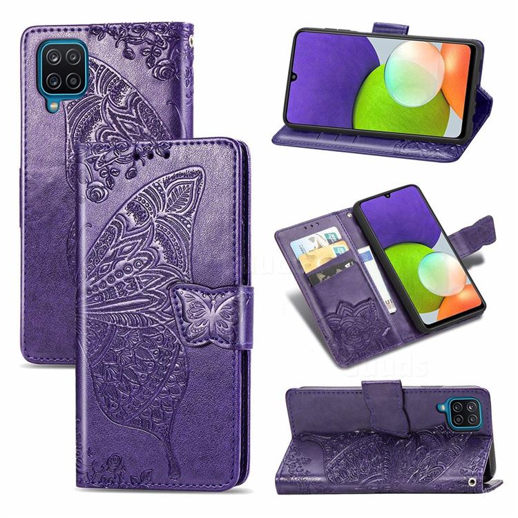 Embossing Mandala Flower Butterfly Leather Wallet Case for Samsung Galaxy A22 4G - Dark Purple