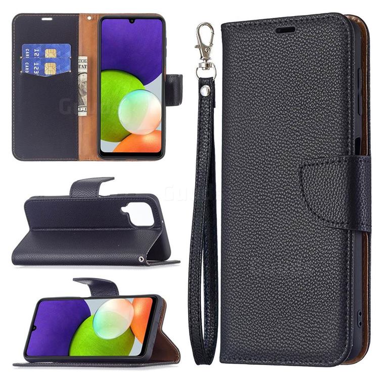 Classic Luxury Litchi Leather Phone Wallet Case for Samsung Galaxy A22 4G - Black