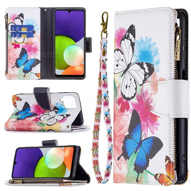 Vivid Flying Butterflies Binfen Color BF03 Retro Zipper Leather Wallet Phone Case for Samsung Galaxy A22 4G