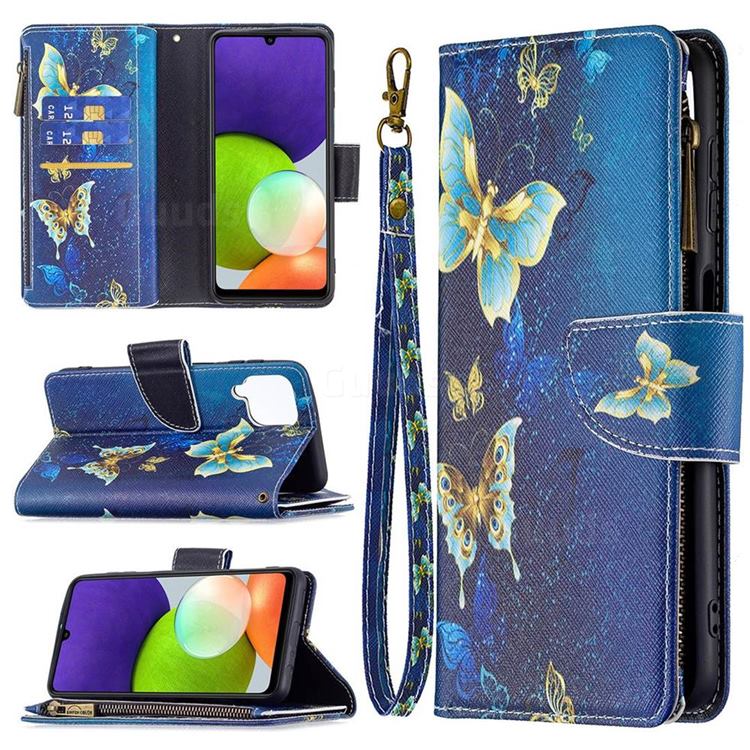 Golden Butterflies Binfen Color BF03 Retro Zipper Leather Wallet Phone Case for Samsung Galaxy A22 4G
