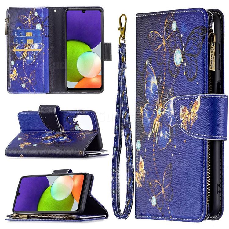 Purple Butterfly Binfen Color BF03 Retro Zipper Leather Wallet Phone Case for Samsung Galaxy A22 4G