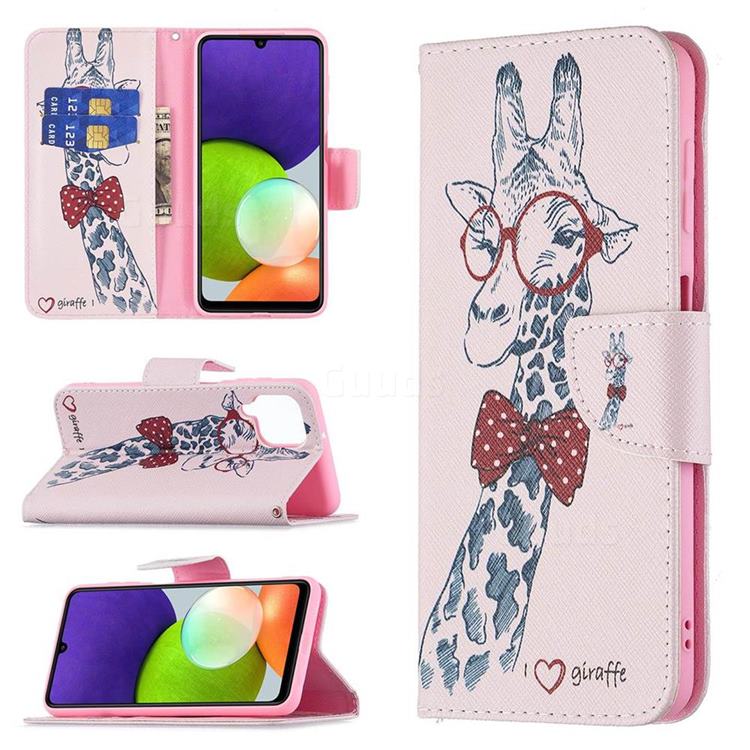 Glasses Giraffe Leather Wallet Case for Samsung Galaxy A22 4G
