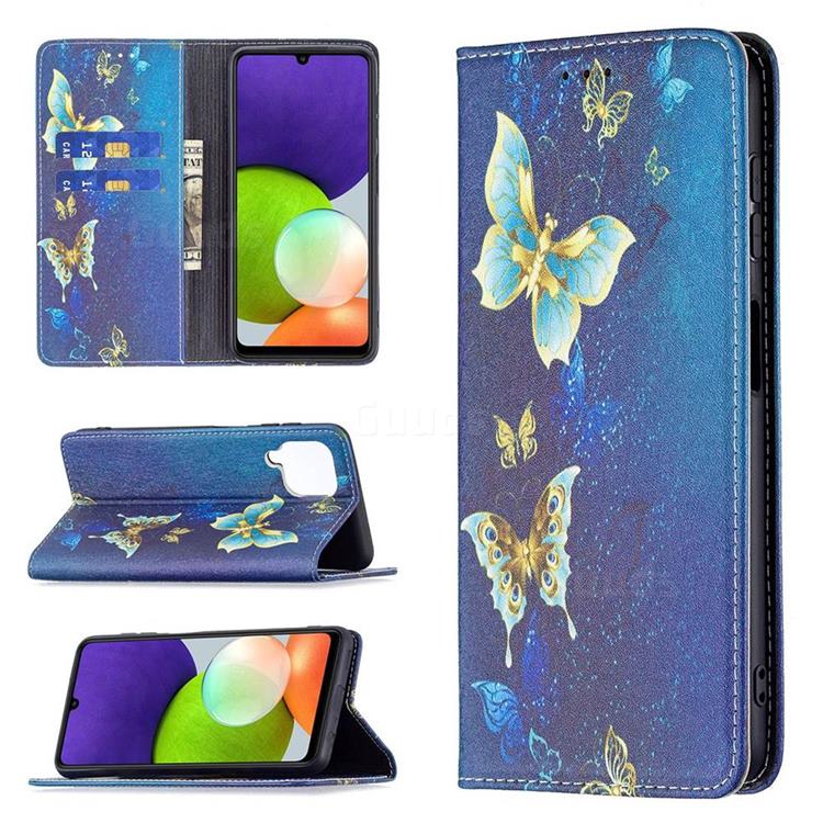 Gold Butterfly Slim Magnetic Attraction Wallet Flip Cover for Samsung Galaxy A22 4G