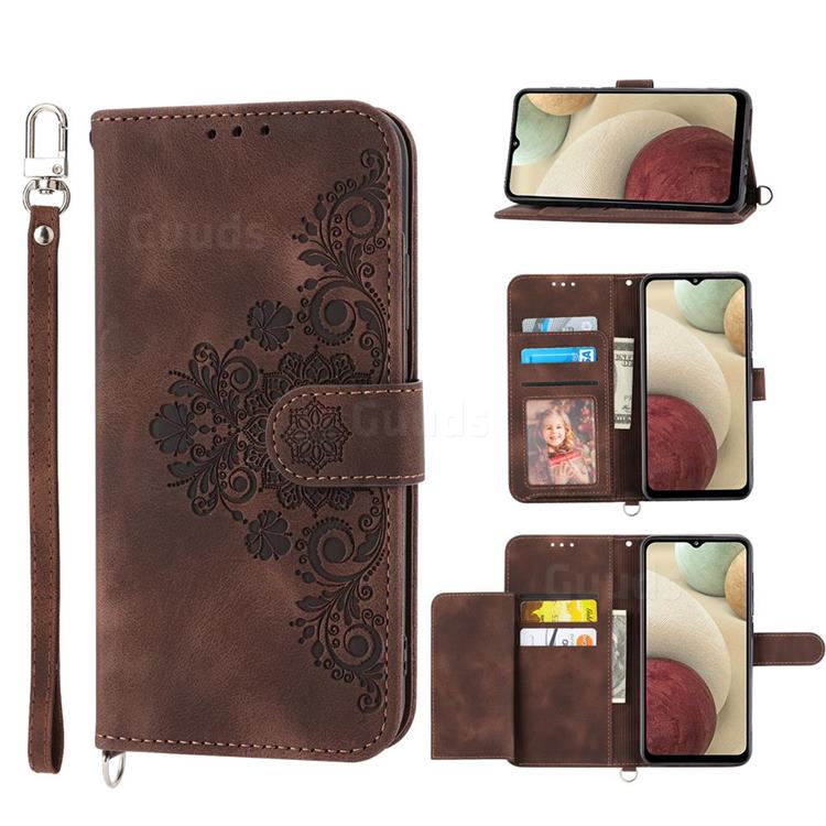 Skin Feel Embossed Lace Flower Multiple Card Slots Leather Wallet Phone Case for Samsung Galaxy A22 4G - Brown