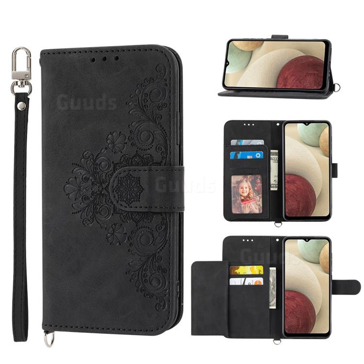 Skin Feel Embossed Lace Flower Multiple Card Slots Leather Wallet Phone Case for Samsung Galaxy A22 4G - Black