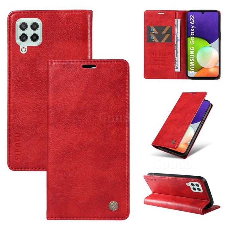 YIKATU Litchi Card Magnetic Automatic Suction Leather Flip Cover for Samsung Galaxy A22 4G - Bright Red