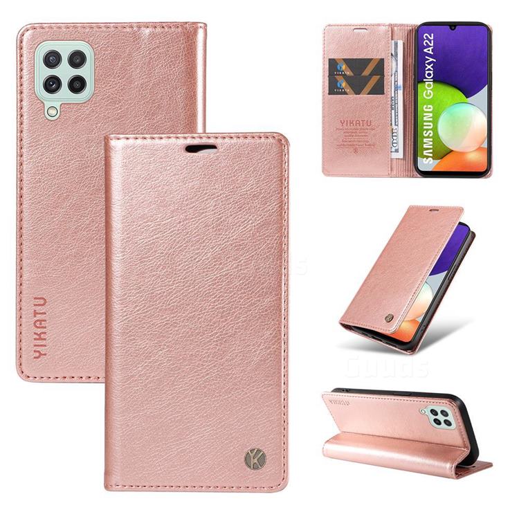 YIKATU Litchi Card Magnetic Automatic Suction Leather Flip Cover for Samsung Galaxy A22 4G - Rose Gold