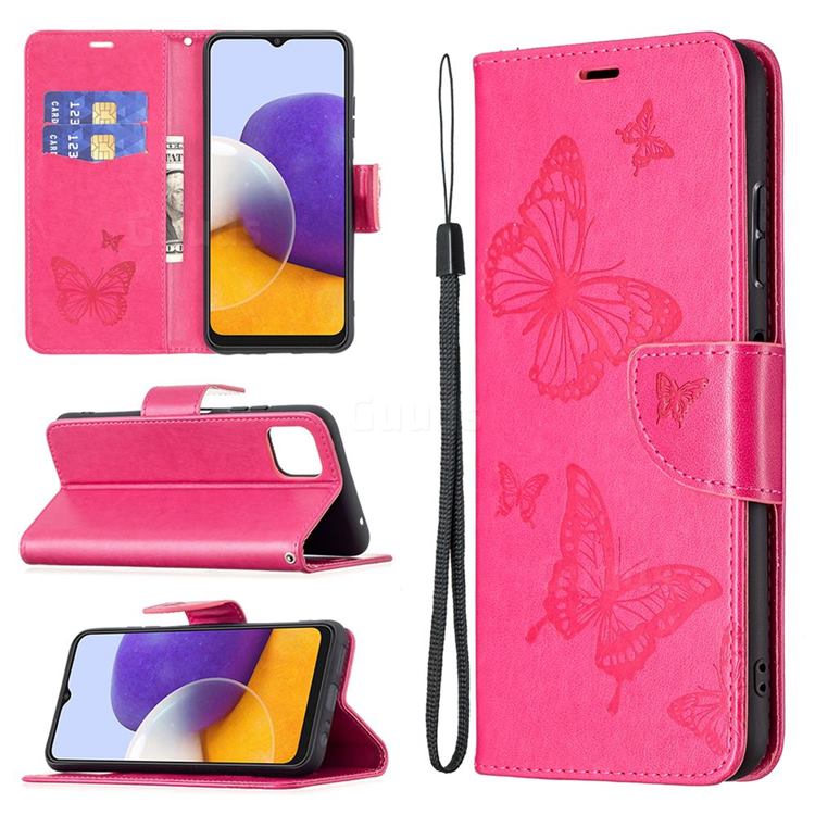 Embossing Double Butterfly Leather Wallet Case for Samsung Galaxy A22 5G - Red