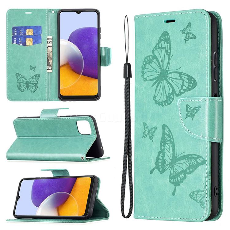 Embossing Double Butterfly Leather Wallet Case for Samsung Galaxy A22 5G - Green