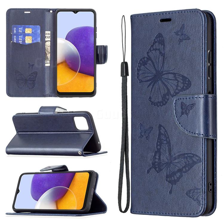 Embossing Double Butterfly Leather Wallet Case for Samsung Galaxy A22 5G - Dark Blue