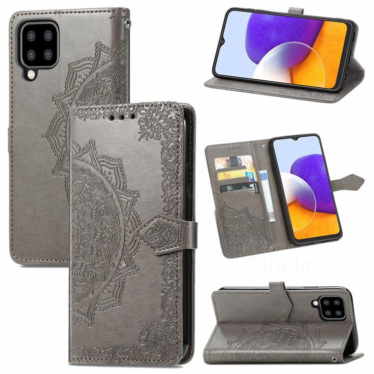 Embossing Imprint Mandala Flower Leather Wallet Case for Samsung Galaxy A22 5G - Gray