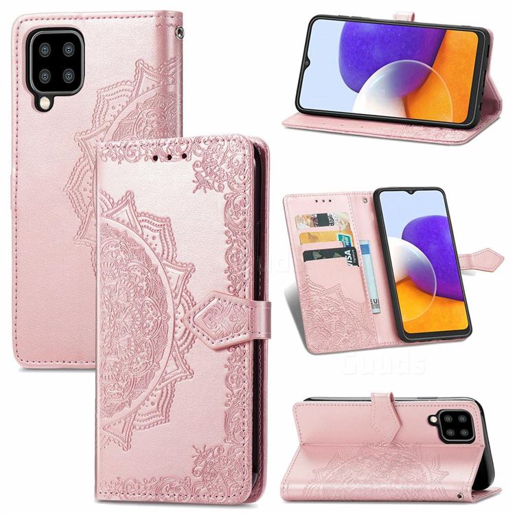 Embossing Imprint Mandala Flower Leather Wallet Case for Samsung Galaxy A22 5G - Rose Gold