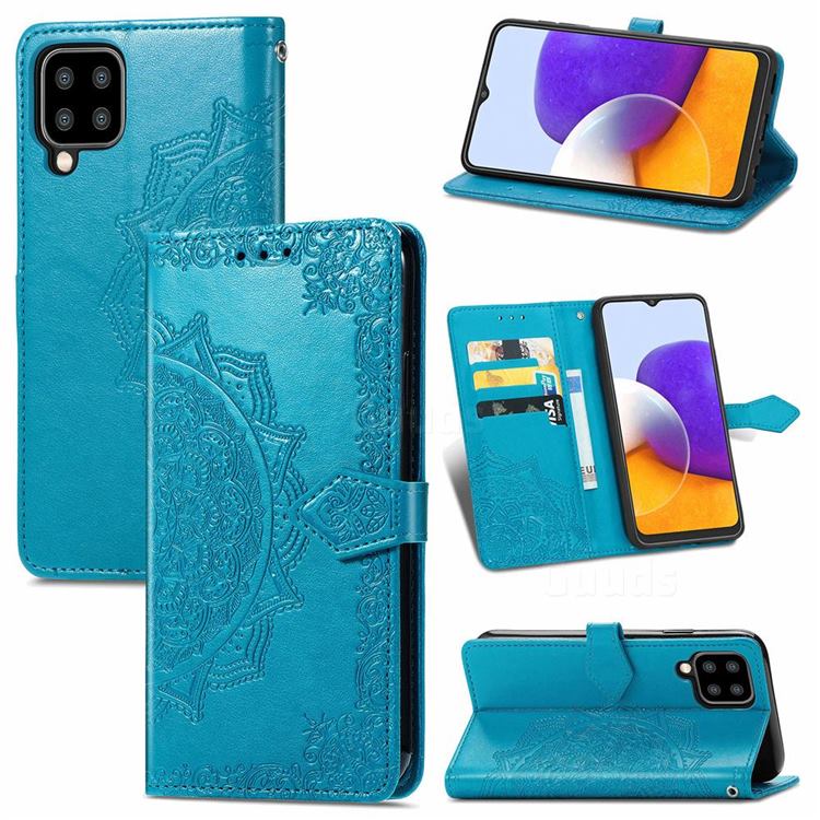 Embossing Imprint Mandala Flower Leather Wallet Case for Samsung Galaxy A22 5G - Blue