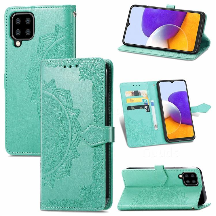 Embossing Imprint Mandala Flower Leather Wallet Case for Samsung Galaxy A22 5G - Green