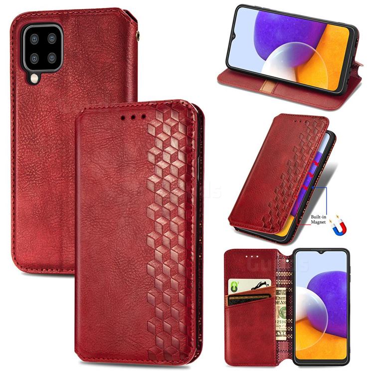 Ultra Slim Fashion Business Card Magnetic Automatic Suction Leather Flip Cover for Samsung Galaxy A22 5G - Red