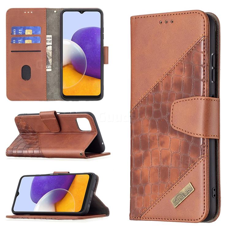 BinfenColor BF04 Color Block Stitching Crocodile Leather Case Cover for Samsung Galaxy A22 5G - Brown