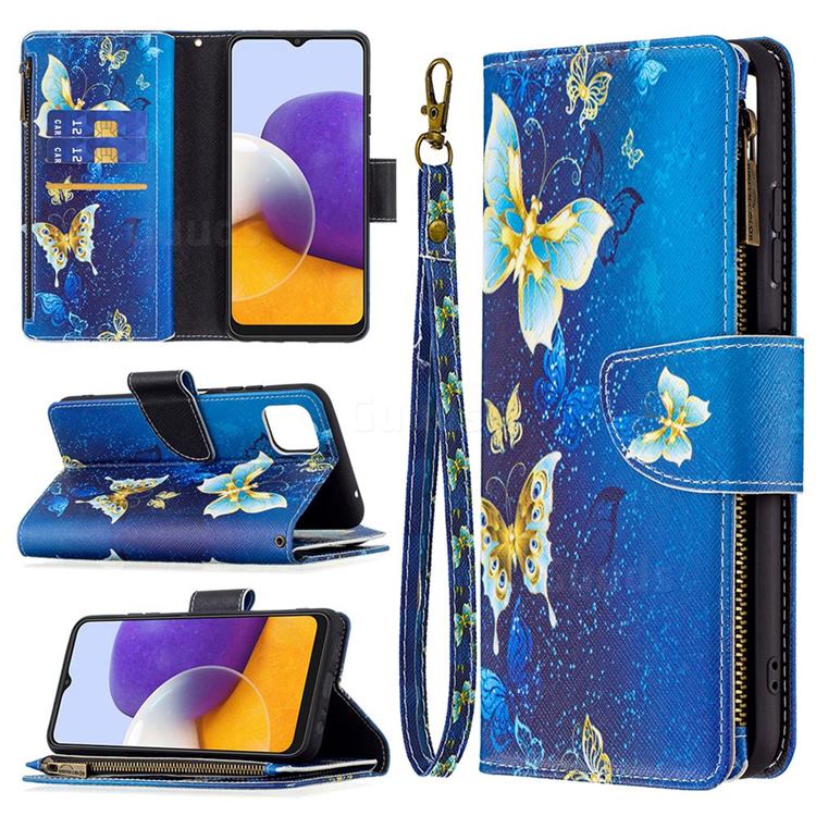 Golden Butterflies Binfen Color BF03 Retro Zipper Leather Wallet Phone Case for Samsung Galaxy A22 5G