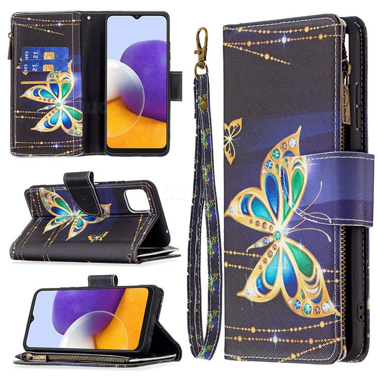 Golden Shining Butterfly Binfen Color BF03 Retro Zipper Leather Wallet Phone Case for Samsung Galaxy A22 5G