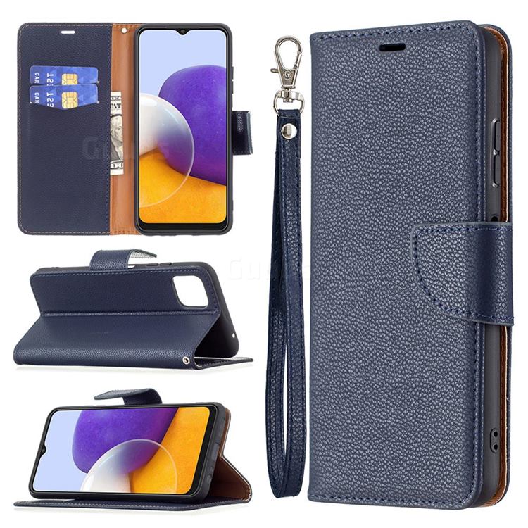 Classic Luxury Litchi Leather Phone Wallet Case for Samsung Galaxy A22 5G - Blue