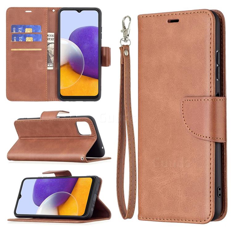 Classic Sheepskin PU Leather Phone Wallet Case for Samsung Galaxy A22 5G - Brown