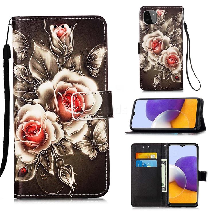 Black Rose Matte Leather Wallet Phone Case for Samsung Galaxy A22 5G