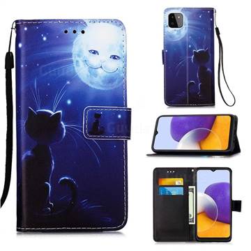 Cat and Moon Matte Leather Wallet Phone Case for Samsung Galaxy A22 5G