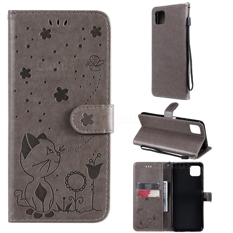 Embossing Bee and Cat Leather Wallet Case for Samsung Galaxy A22 5G - Gray