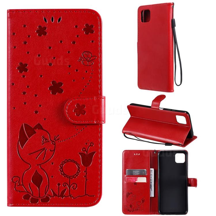 Embossing Bee and Cat Leather Wallet Case for Samsung Galaxy A22 5G - Red