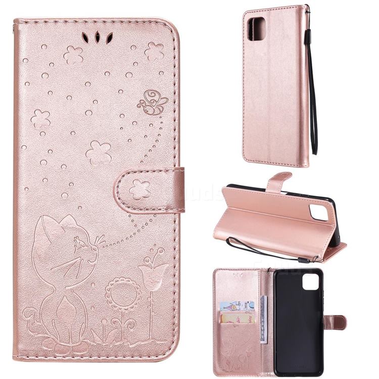 Embossing Bee and Cat Leather Wallet Case for Samsung Galaxy A22 5G - Rose Gold