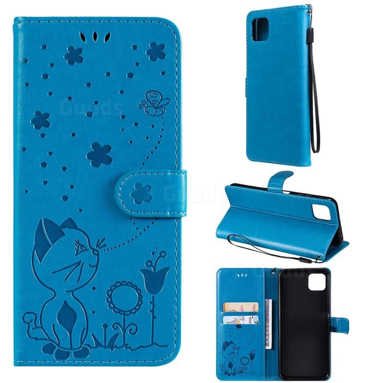 Embossing Bee and Cat Leather Wallet Case for Samsung Galaxy A22 5G - Blue