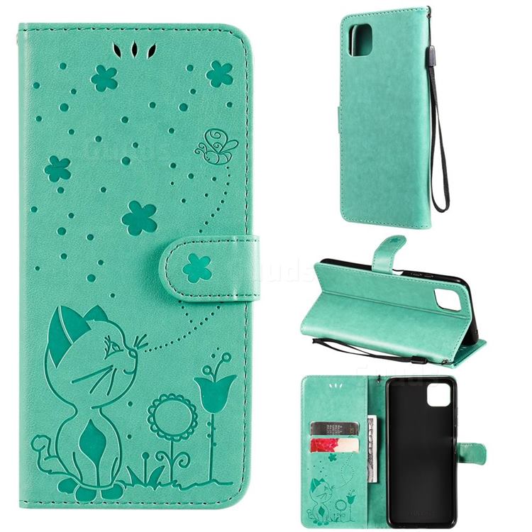 Embossing Bee and Cat Leather Wallet Case for Samsung Galaxy A22 5G - Green