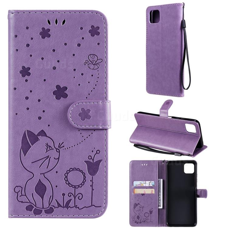 Embossing Bee and Cat Leather Wallet Case for Samsung Galaxy A22 5G - Purple