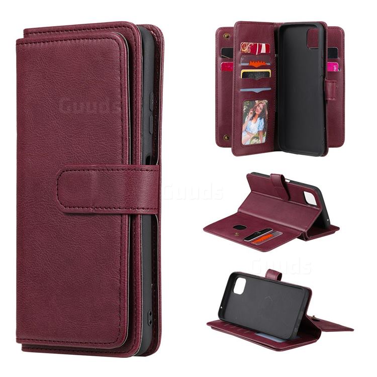 Multi-function Ten Card Slots and Photo Frame PU Leather Wallet Phone Case Cover for Samsung Galaxy A22 5G - Claret