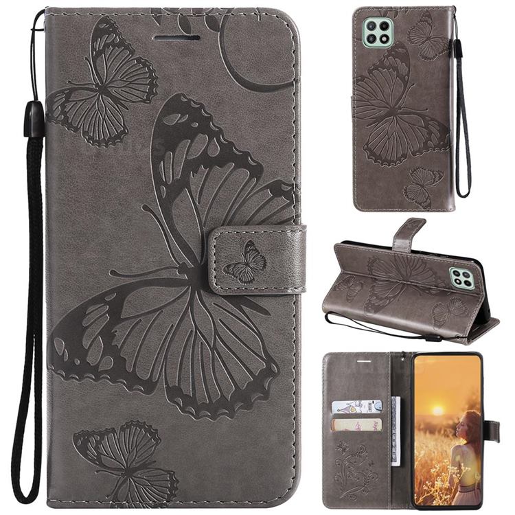 Embossing 3D Butterfly Leather Wallet Case for Samsung Galaxy A22 5G - Gray