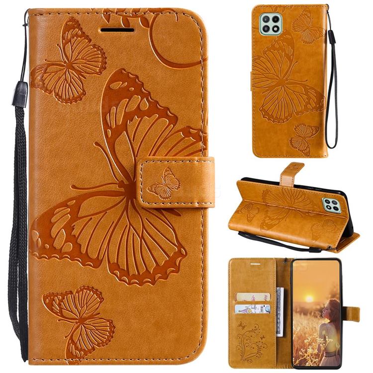 Embossing 3D Butterfly Leather Wallet Case for Samsung Galaxy A22 5G - Yellow