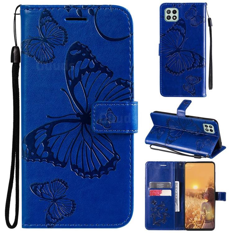 Embossing 3D Butterfly Leather Wallet Case for Samsung Galaxy A22 5G - Blue