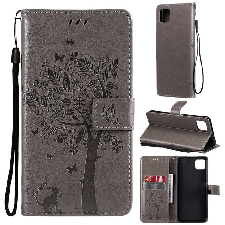 Embossing Butterfly Tree Leather Wallet Case for Samsung Galaxy A22 5G - Grey