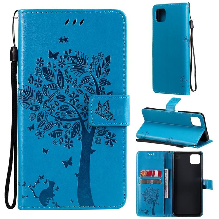 Embossing Butterfly Tree Leather Wallet Case for Samsung Galaxy A22 5G - Blue