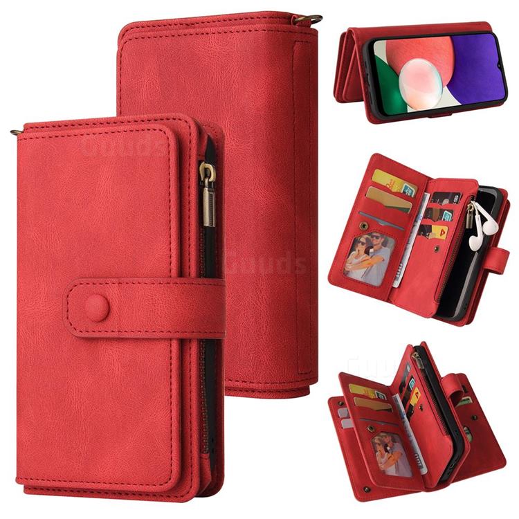 Luxury Multi-functional Zipper Wallet Leather Phone Case Cover for Samsung Galaxy A22 5G - Red