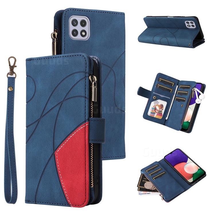 Luxury Two-color Stitching Multi-function Zipper Leather Wallet Case Cover for Samsung Galaxy A22 5G - Blue