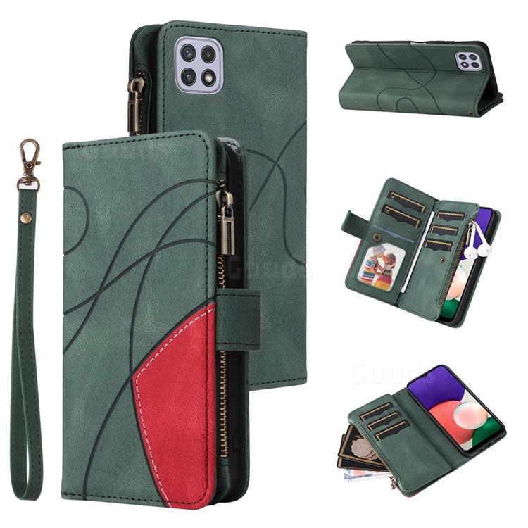 Luxury Two-color Stitching Multi-function Zipper Leather Wallet Case Cover for Samsung Galaxy A22 5G - Green