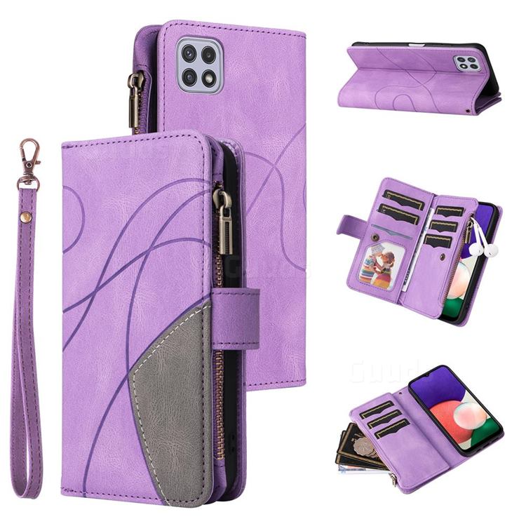 Luxury Two-color Stitching Multi-function Zipper Leather Wallet Case Cover for Samsung Galaxy A22 5G - Purple