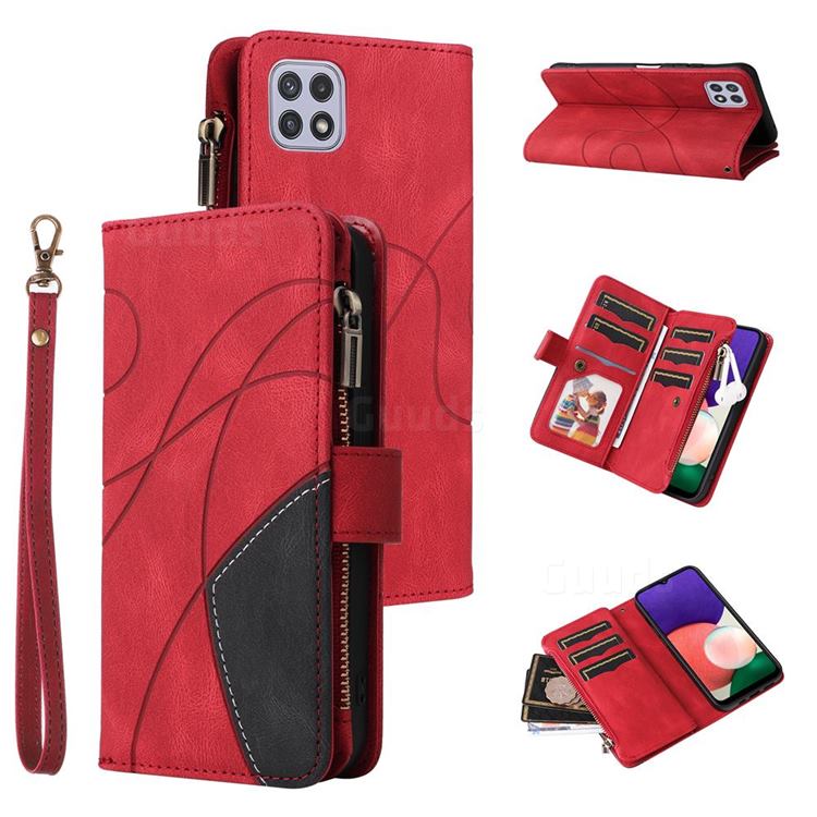 Luxury Two-color Stitching Multi-function Zipper Leather Wallet Case Cover for Samsung Galaxy A22 5G - Red