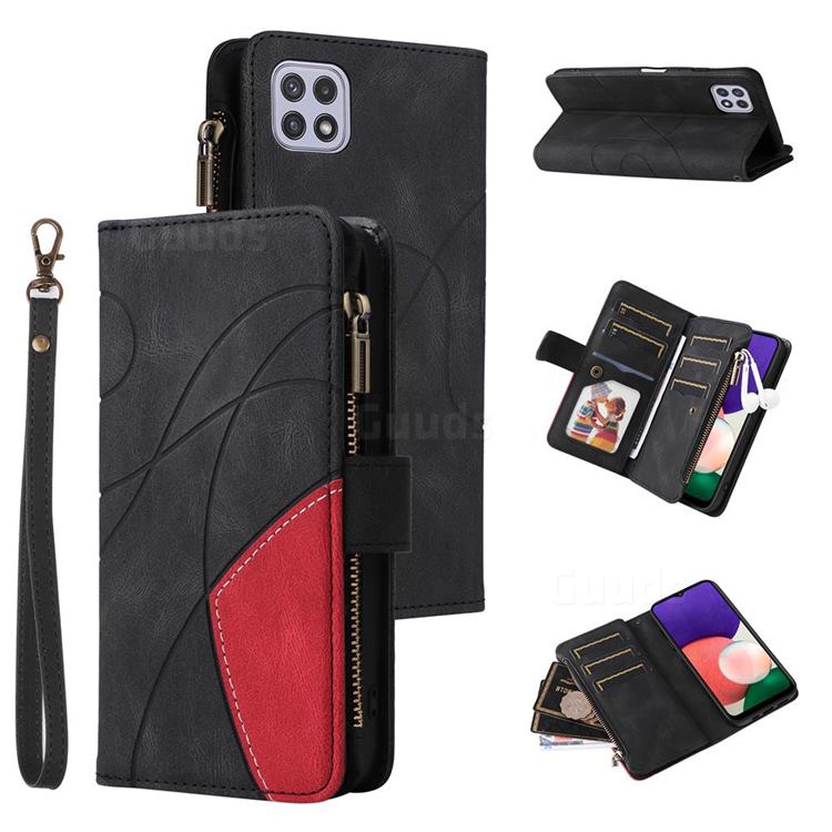 Luxury Two-color Stitching Multi-function Zipper Leather Wallet Case Cover for Samsung Galaxy A22 5G - Black
