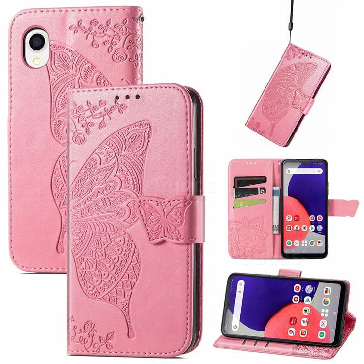 Embossing Mandala Flower Butterfly Leather Wallet Case for Samsung Galaxy A22 5G - Pink