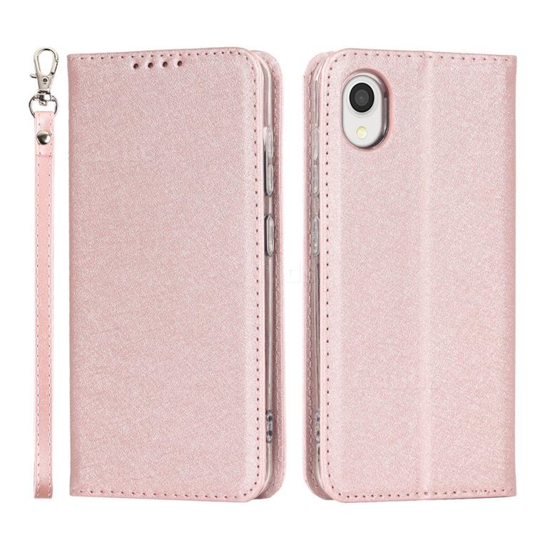 Ultra Slim Magnetic Automatic Suction Silk Lanyard Leather Flip Cover for Samsung Galaxy A22 5G - Rose Gold
