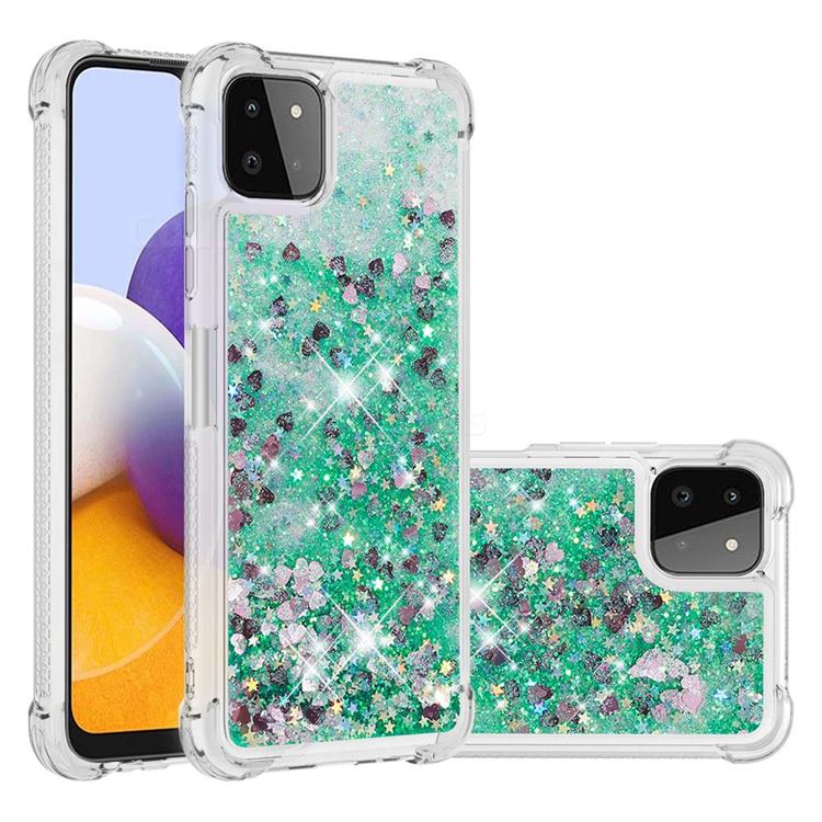 Dynamic Liquid Glitter Sand Quicksand TPU Case for Samsung Galaxy A22 5G - Green Love Heart
