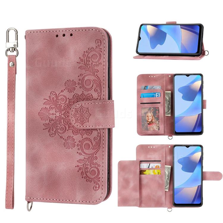 Skin Feel Embossed Lace Flower Multiple Card Slots Leather Wallet Phone Case for Samsung Galaxy A22 5G - Pink