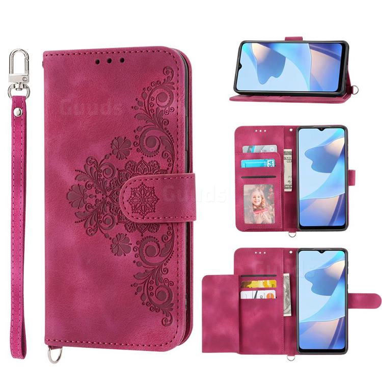 Skin Feel Embossed Lace Flower Multiple Card Slots Leather Wallet Phone Case for Samsung Galaxy A22 5G - Claret Red
