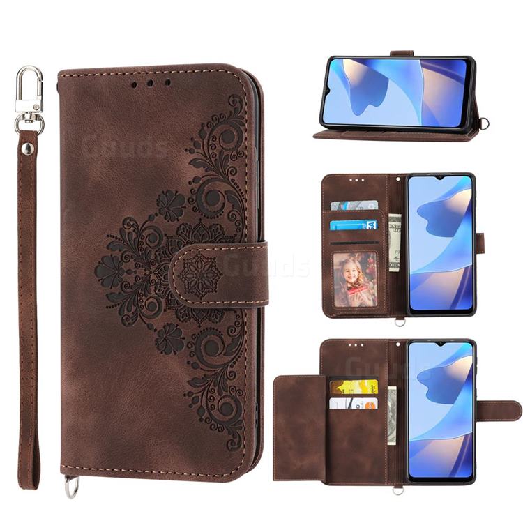 Skin Feel Embossed Lace Flower Multiple Card Slots Leather Wallet Phone Case for Samsung Galaxy A22 5G - Brown